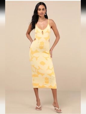 NWT Lulus 70s Retro Yellow Knit Abstract Print Bodycon Dress With Cutout Sides